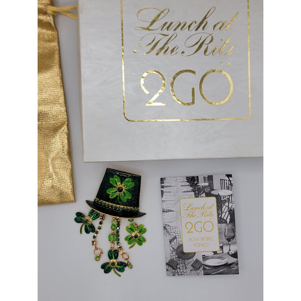 Lunch At The Ritz 2GO Green Top Hat Shamrock Clover Brooch Pendant St Patrick's